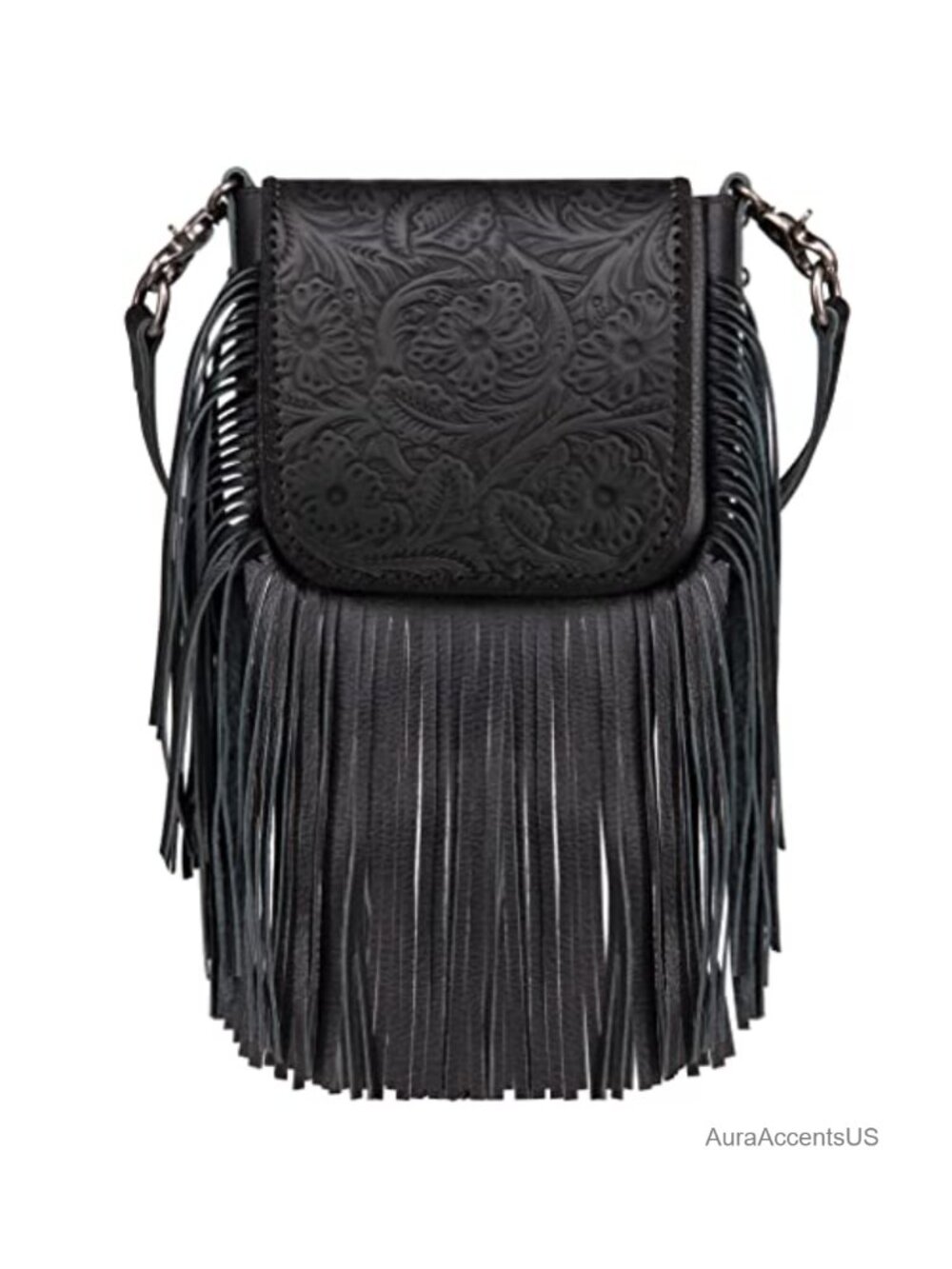 Genuine Leather Fringe Crossbody Bag Floral Tooled Western Purse